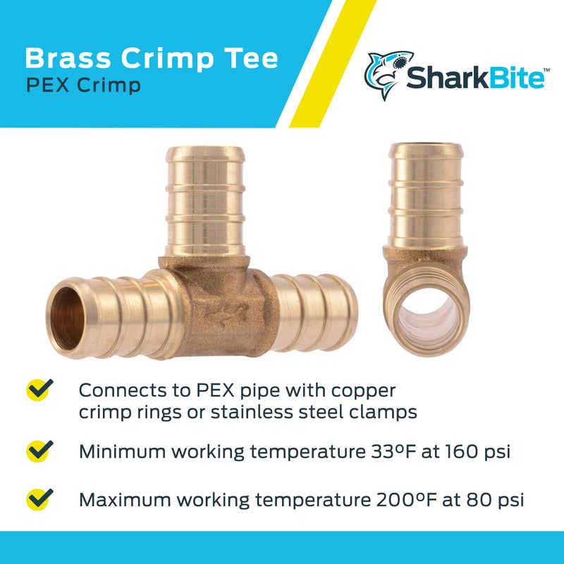 SharkBite 1/2 Inch Crimp Tee, Brass Plumbing Fitting, PEX Pipe, PE-RT, UC362LFA - Image 4